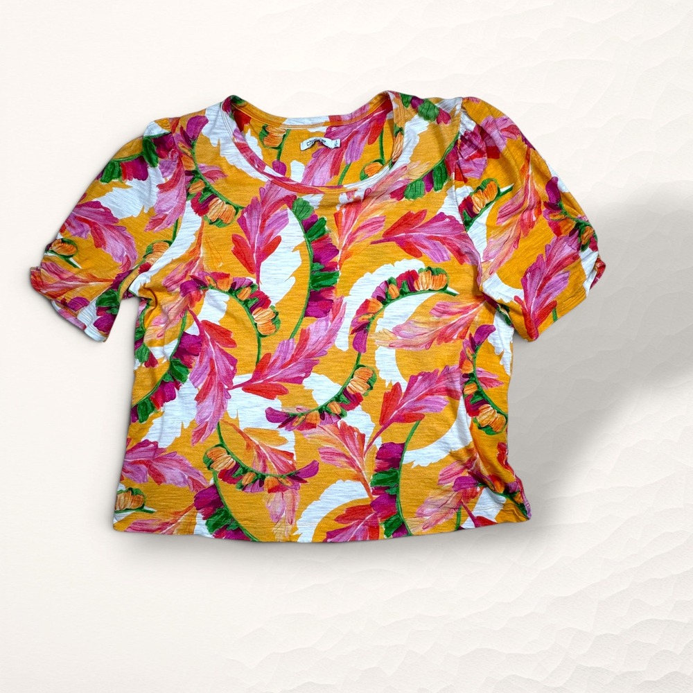Chico's‎ Tropical Leaf Print T-Shirt Women XL Yellow Floral Beachy Cotton Modal